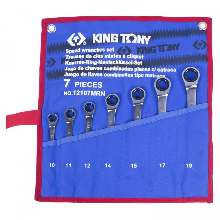 Набор комбинированных трещоточных ключей, 10-19 мм, чехол из теторона, 7 предметов KING TONY 12107MRN Ключи в наборах фото, изображение