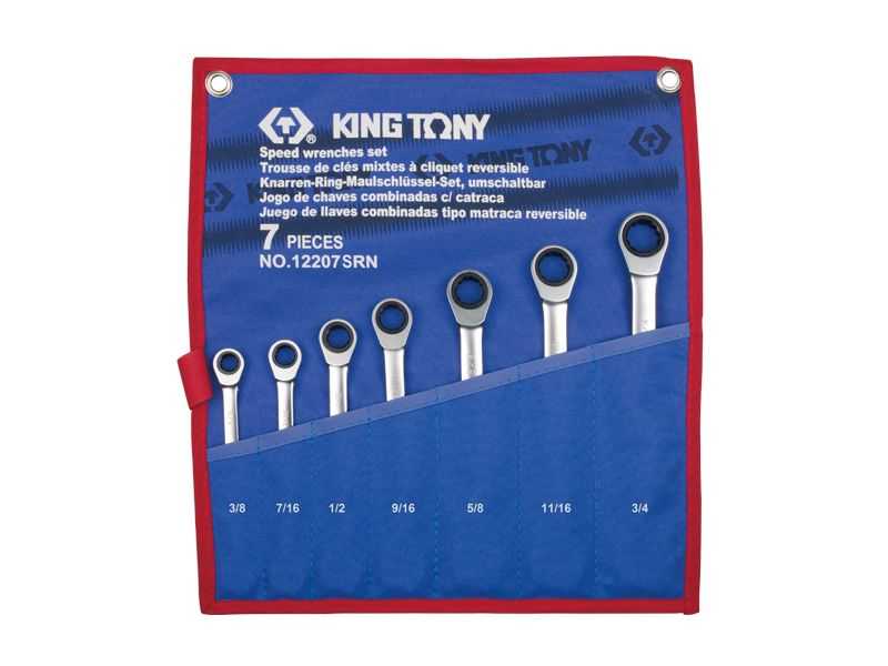 Набор комбинированных трещоточных ключей, 3/8"-3/4", чехол из теторона, 7 предметов KING TONY 12207SRN Ключи в наборах фото, изображение