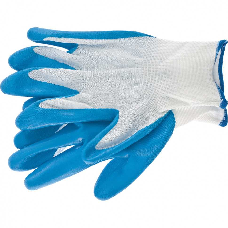 Перчатки полиэфирные с синим нитрильным покрытием маслобензостойкие, L, 15 класс вязки Сибртех Садовые перчатки фото, изображение