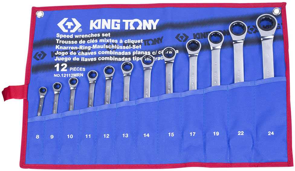 Набор комбинированных трещоточных ключей, 8-24 мм, чехол из теторона, 12 предметов KING TONY 12112MRN Ключи в наборах фото, изображение